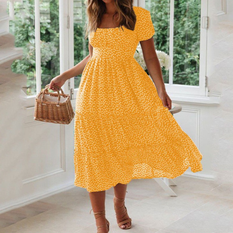 Rochie de damă cu gât pătrat cu flori vintage imprimeu cu mâneci cu bule flori fragmentate vară plajă flori dulce ocazional rochie lungă 2023