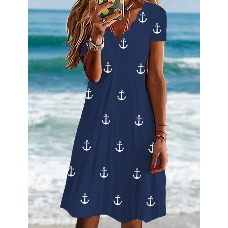 Naiste uus 2023. aasta suvine pullover, moeprinteriga õhuke A-jooneline seelik Seksikas laineline V-kaelusega lühikeste varrukatega ülisuur mugav kleit