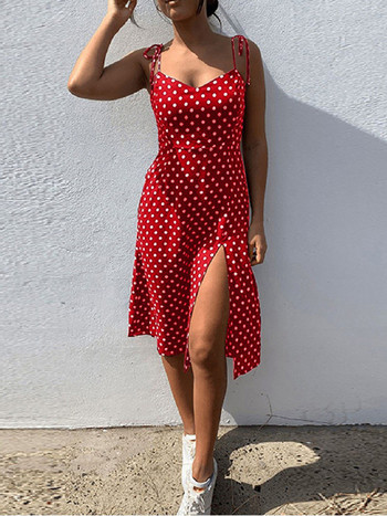 Φορέματα 2023 Sundress Summer Women Causal Πουά Αμάνικα Ψηλή πλισέ ελαστική μέση V-Neck Beach Φόρεμα Vestidos De Verano