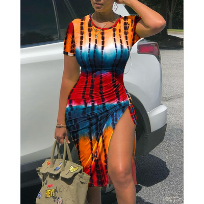 Femei Ink Splash Print Rochie cu fantă înaltă 2023 pentru femei Sexy cu șnur cu rucsat Midi Skinny Robe Lady Traf Îmbrăcăminte de bază Rochii