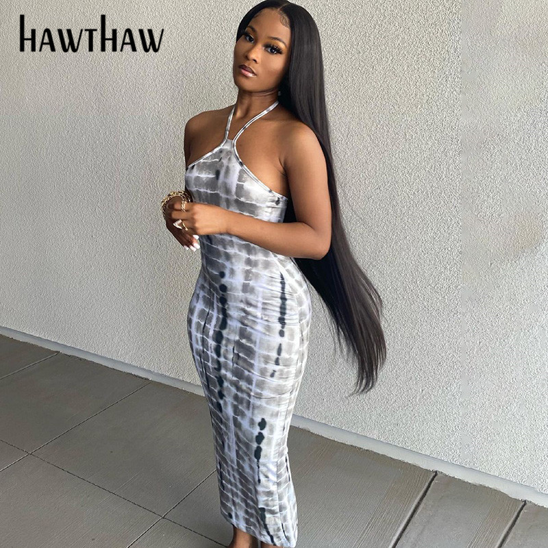 Hawthaw sieviešu vasaras modes modes bezpiedurknēm, apdrukātas ar zīmuli, gara kleita Sundress 2021 Sieviešu apģērbi Ielu apģērbi