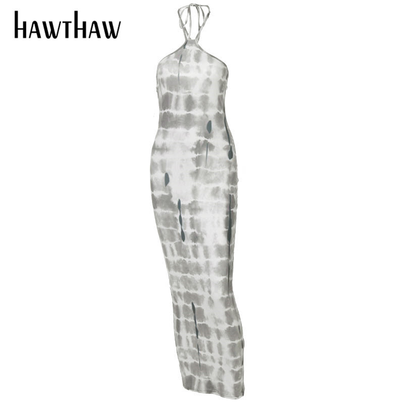 Hawthaw sieviešu vasaras modes modes bezpiedurknēm, apdrukātas ar zīmuli, gara kleita Sundress 2021 Sieviešu apģērbi Ielu apģērbi