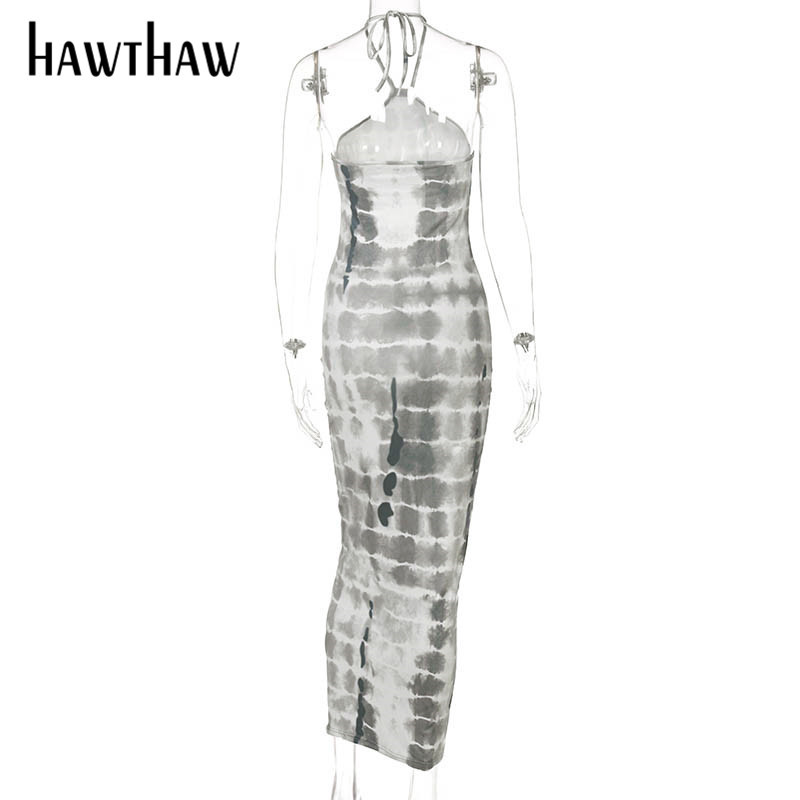 Hawthaw sieviešu vasaras modes modes bezpiedurknēm, apdrukātas ar zīmuli, gara kleita Sundress 2021 Sieviešu apģērbi Ielu apģērbi