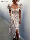 Puff, īsām piedurknēm sieviešu vasaras midi kleita retro stila V kakla izgriezumā, balta ar ziedu apdruku franču stila saulainā kleita seksīga, sagriezta ballīšu kleita 2022. gadam