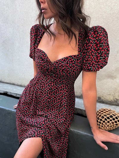 Puff, īsām piedurknēm sieviešu vasaras midi kleita retro stila V kakla izgriezumā, balta ar ziedu apdruku franču stila saulainā kleita seksīga, sagriezta ballīšu kleita 2022. gadam