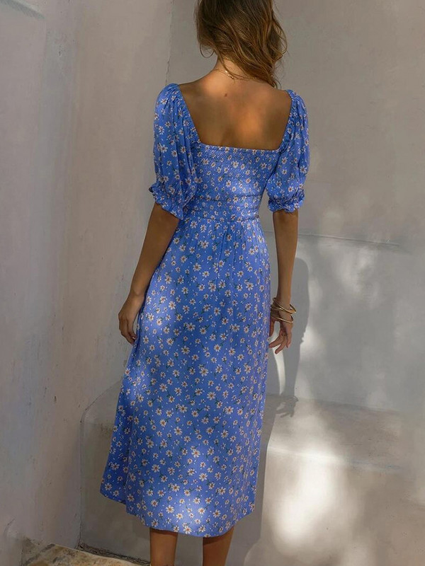 Puff, īsām piedurknēm sieviešu vasaras midi kleita retro stila V kakla izgriezumā, balta ar ziedu apdruku franču stila saulainā kleita seksīga, sagriezta ballīšu kleita 2022. gadam