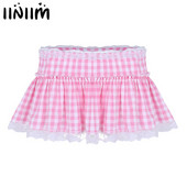 Sieviešu skolas meiteņu gleeing svārki Īsi Gingham Mini svārki ar mežģīņu apakšmalu kroku Sissy vīriešu Sexy Cosplay A līnijas mini svārki
