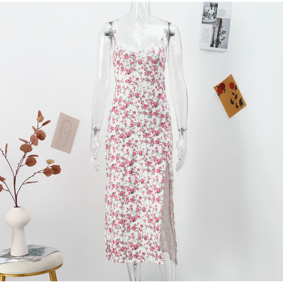 Seksikas lilledega trükitud sinine kleit naiste kõrge lõhki varrukateta pitsist naiste kleidid 2023. aasta suvemood, elegantne õhuke naiste rüü