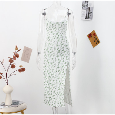 Seksikas lilledega trükitud sinine kleit naiste kõrge lõhki varrukateta pitsist naiste kleidid 2023. aasta suvemood, elegantne õhuke naiste rüü