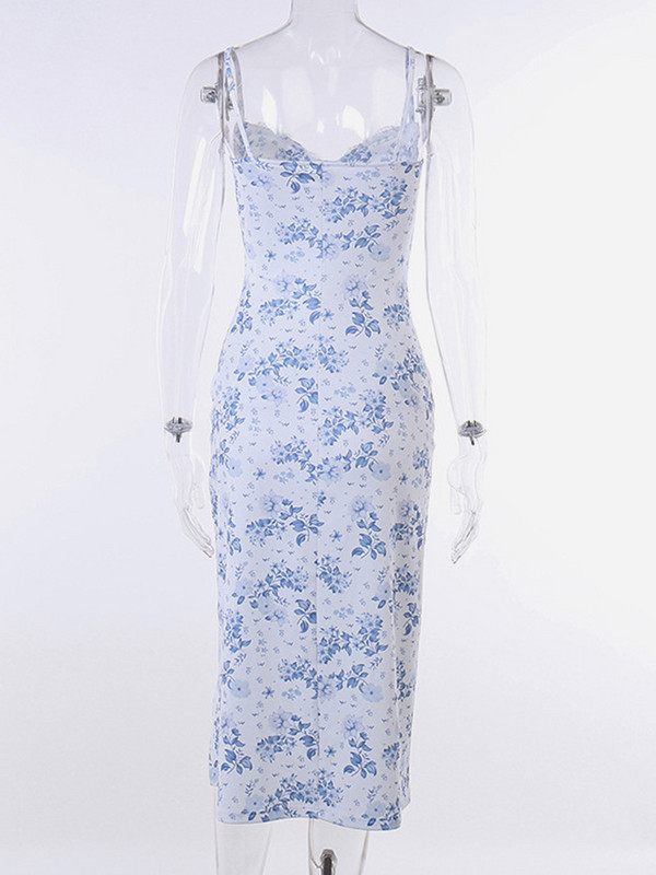 Rochie albastră cu imprimeuri florale sexy pentru femei, fără mâneci, din dantelă, rochii de femeie 2023, la modă de vară, elegantă, subțire, pentru damă.