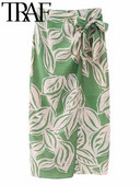 TRAF-i suvemoe trükitud naiste seelikud, kikilipsuga, küljelt poolitatud eesmine kõrge vöökohaga A-joonega tänavarõivad õhukesed naiste midiseelikud, roheline