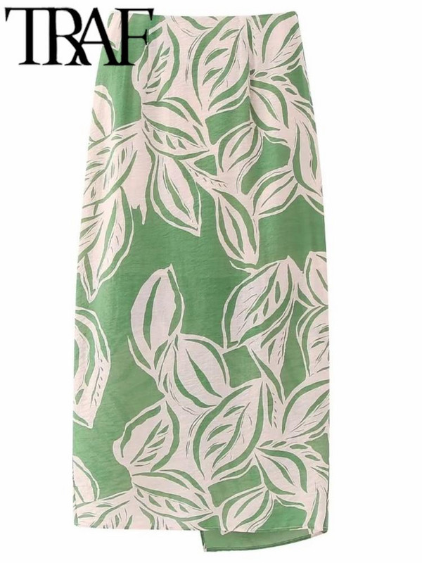 TRAF-i suvemoe trükitud naiste seelikud, kikilipsuga, küljelt poolitatud eesmine kõrge vöökohaga A-joonega tänavarõivad õhukesed naiste midiseelikud, roheline