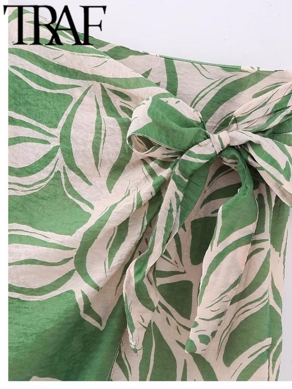 TRAF-i suvemoe trükitud naiste seelikud, kikilipsuga, küljelt poolitatud eesmine kõrge vöökohaga A-joonega tänavarõivad õhukesed naiste midiseelikud, roheline