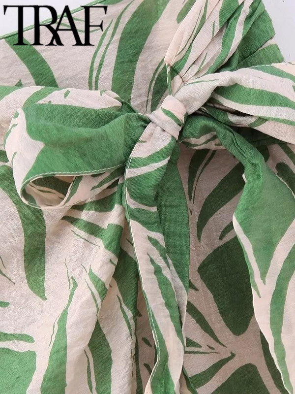 TRAF-i suvemoe trükitud naiste seelikud, kikilipsuga, küljelt poolitatud eesmine kõrge vöökohaga A-joonega tänavarõivad õhukesed naiste midiseelikud, roheline