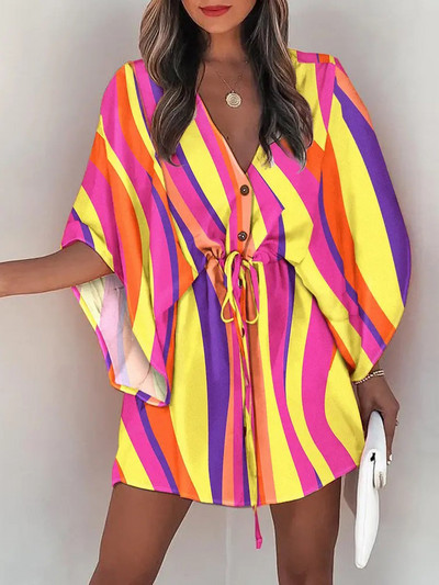 Casual Boho Beach Vacation Mini Γυναικείο Φόρεμα Καλοκαιρινής Δαντέλας Φορέματα με μανίκια με μπατόν για γυναικεία φαρδιά γυναικεία ρόμπα