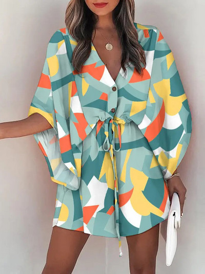 Casual Boho Beach Vacation Mini Γυναικείο Φόρεμα Καλοκαιρινής Δαντέλας Φορέματα με μανίκια με μπατόν για γυναικεία φαρδιά γυναικεία ρόμπα