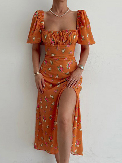 Szexi virágmintás rövid ujjú, csípőt húzó buliruha Elegáns válltatlan, hát nélküli ruha Új nyári derék hasított boho hosszú ruhák