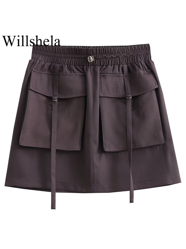 Willshela Sieviešu modes ar kabatām Masīvi šņorējami Mini svārki Vintage ar augstu elastīgu vidukli Sieviešu šiki sieviešu īsie svārki