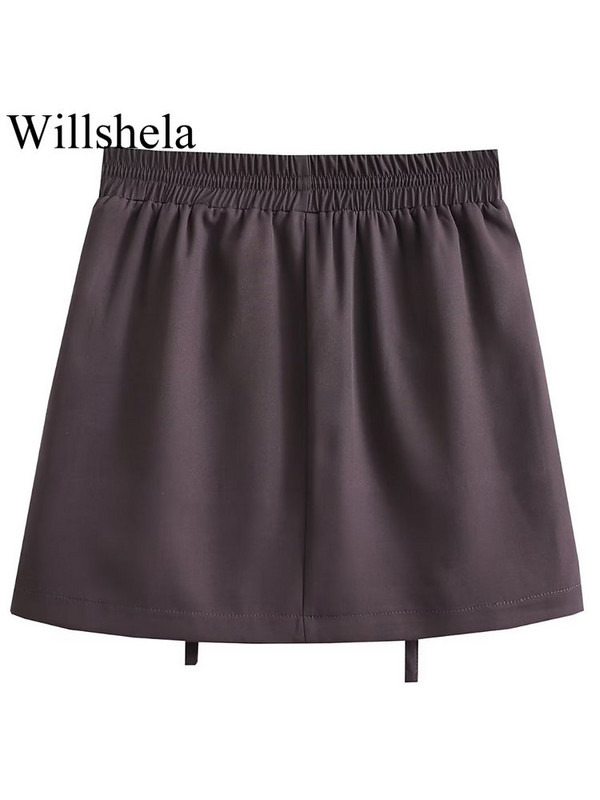 Willshela Sieviešu modes ar kabatām Masīvi šņorējami Mini svārki Vintage ar augstu elastīgu vidukli Sieviešu šiki sieviešu īsie svārki
