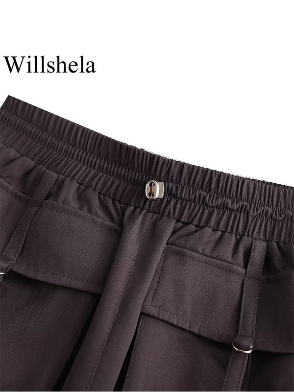 Willshela Sieviešu modes ar kabatām Masīvi šņorējami Mini svārki Vintage ar augstu elastīgu vidukli Sieviešu šiki sieviešu īsie svārki