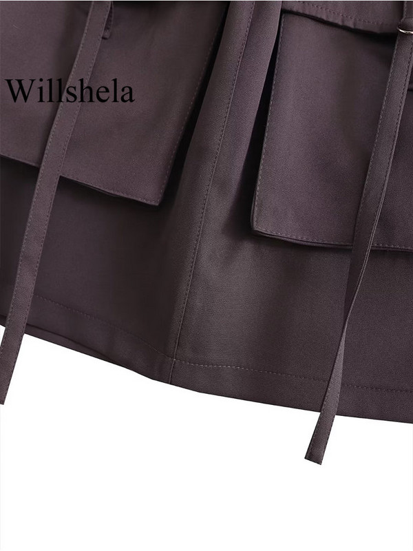 Willshela Sieviešu modes ar kabatām Masīvi šņorējami Mini svārki Vintage ar augstu elastīgu vidukli Sieviešu šiki sieviešu īsie svārki