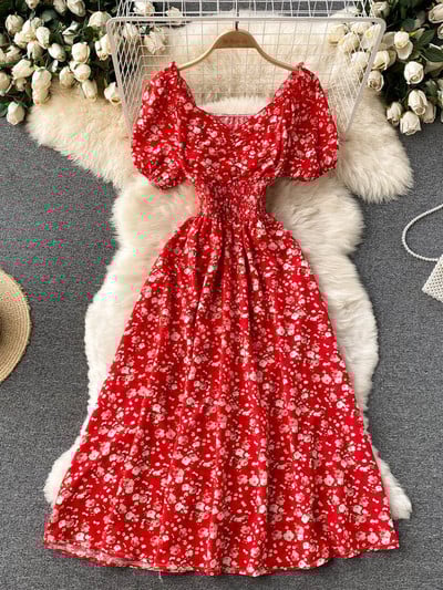 YuooMuoo Limited Big Sales Női ruha divatos V-nyakú, puffos ujjú virágmintás elasztikus fűző nyári ruha koreai party Vestidos