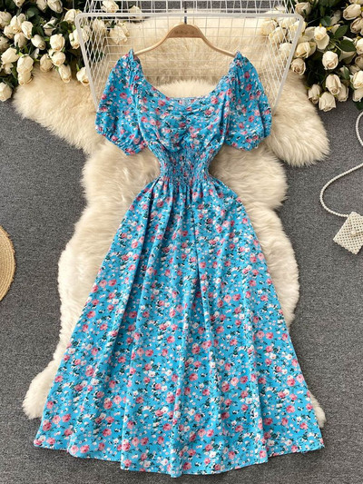 YuooMuoo Limited Big Sales Női ruha divatos V-nyakú, puffos ujjú virágmintás elasztikus fűző nyári ruha koreai party Vestidos