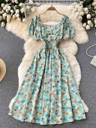 YuooMuoo Limited Big Sales Női ruha divatos V-nyakú, puffos ujjú virágmintás elasztikus fűző nyári ruha koreai party Vestidos