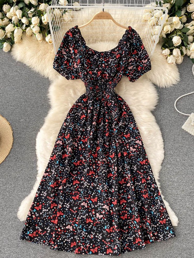 YuooMuoo Limited Big Sales Női ruha divatos V-nyakú, puffos ujjú virágmintás elasztikus fűző nyári ruha koreai party Vestidos