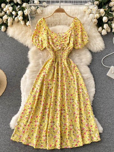 YuooMuoo Limited Big Sales Női ruha divatos V-nyakú, puffos ujjú virágmintás elasztikus fűző nyári ruha koreai party Vestidos