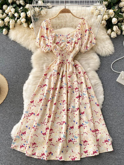 YuooMuoo Limited Big Sales Női ruha divatos V-nyakú, puffos ujjú virágmintás elasztikus fűző nyári ruha koreai party Vestidos