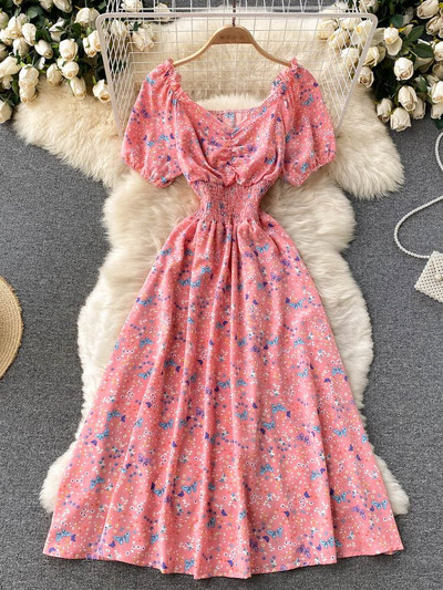 YuooMuoo Limited Big Sales Női ruha divatos V-nyakú, puffos ujjú virágmintás elasztikus fűző nyári ruha koreai party Vestidos