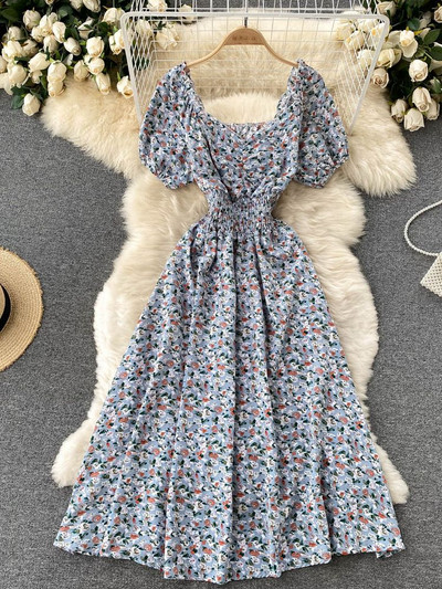 YuooMuoo Limited Big Sales Női ruha divatos V-nyakú, puffos ujjú virágmintás elasztikus fűző nyári ruha koreai party Vestidos