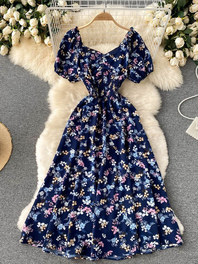 YuooMuoo Limited Big Sales Női ruha divatos V-nyakú, puffos ujjú virágmintás elasztikus fűző nyári ruha koreai party Vestidos