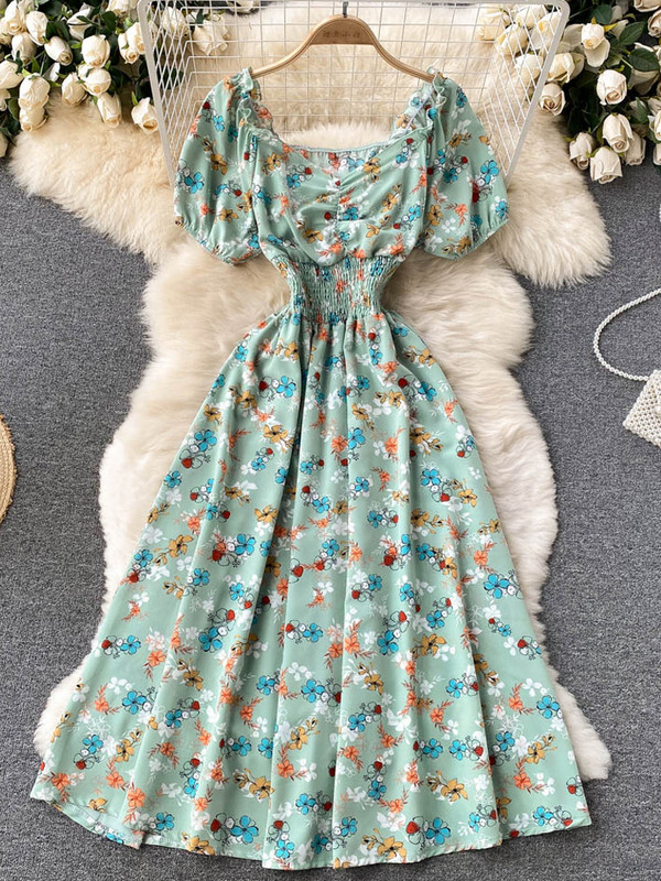 YuooMuoo Limited Big Sales Női ruha divatos V-nyakú, puffos ujjú virágmintás elasztikus fűző nyári ruha koreai party Vestidos