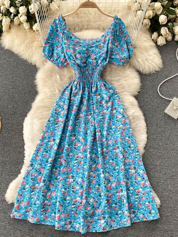 YuooMuoo Limited Big Sales Női ruha divatos V-nyakú, puffos ujjú virágmintás elasztikus fűző nyári ruha koreai party Vestidos