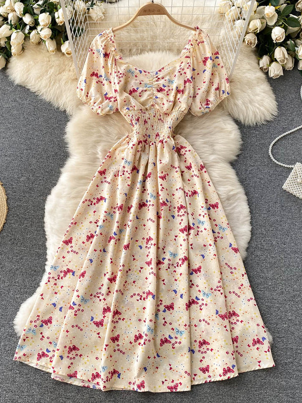 YuooMuoo Limited Big Sales Női ruha divatos V-nyakú, puffos ujjú virágmintás elasztikus fűző nyári ruha koreai party Vestidos