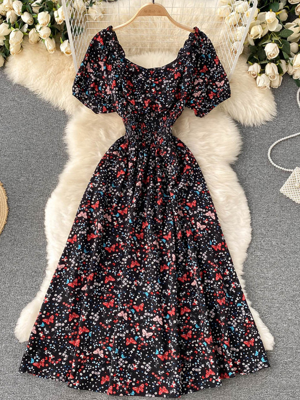 YuooMuoo Limited Big Sales Női ruha divatos V-nyakú, puffos ujjú virágmintás elasztikus fűző nyári ruha koreai party Vestidos