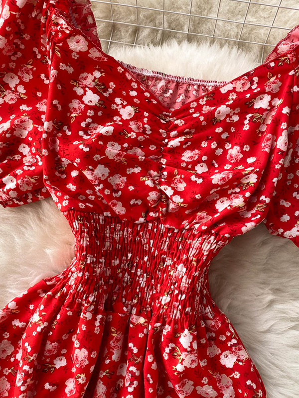 YuooMuoo Limited Big Sales Női ruha divatos V-nyakú, puffos ujjú virágmintás elasztikus fűző nyári ruha koreai party Vestidos