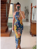 Vintage ziedu apdruka, mežģīņu saliekama, salocīta kleita sievietēm Eleganta bezpiedurkņu bodycon kaklasaites krāsas Vestidos vasaras vakarkleita