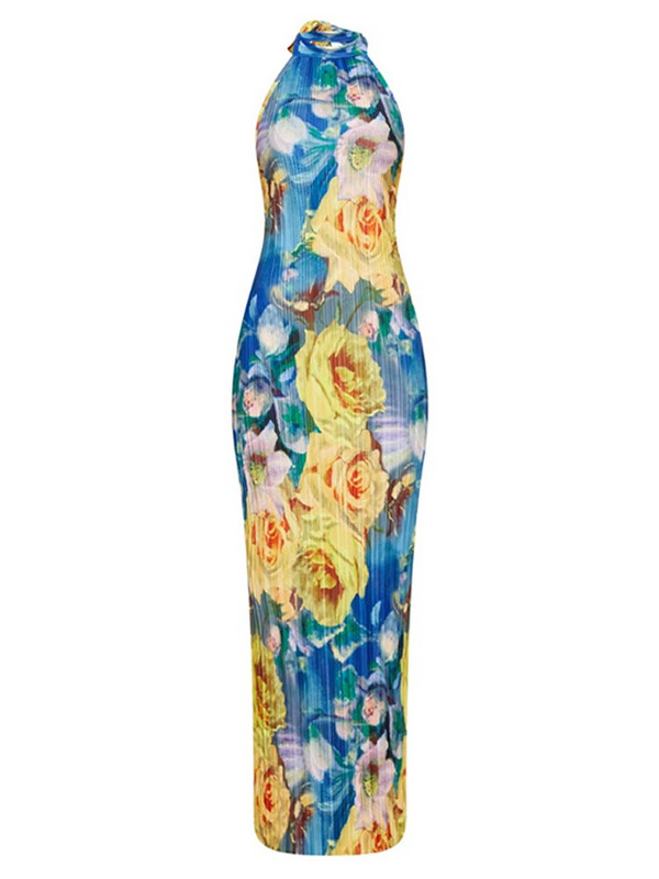 Vintage ziedu apdruka, mežģīņu saliekama, salocīta kleita sievietēm Eleganta bezpiedurkņu bodycon kaklasaites krāsas Vestidos vasaras vakarkleita