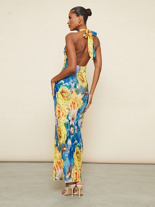 Vintage ziedu apdruka, mežģīņu saliekama, salocīta kleita sievietēm Eleganta bezpiedurkņu bodycon kaklasaites krāsas Vestidos vasaras vakarkleita