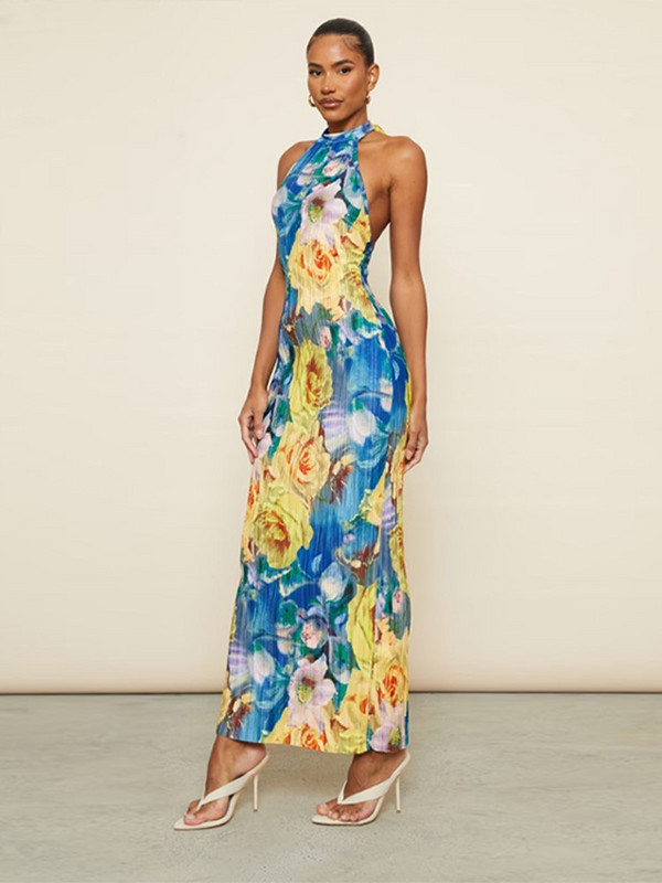 Vintage ziedu apdruka, mežģīņu saliekama, salocīta kleita sievietēm Eleganta bezpiedurkņu bodycon kaklasaites krāsas Vestidos vasaras vakarkleita