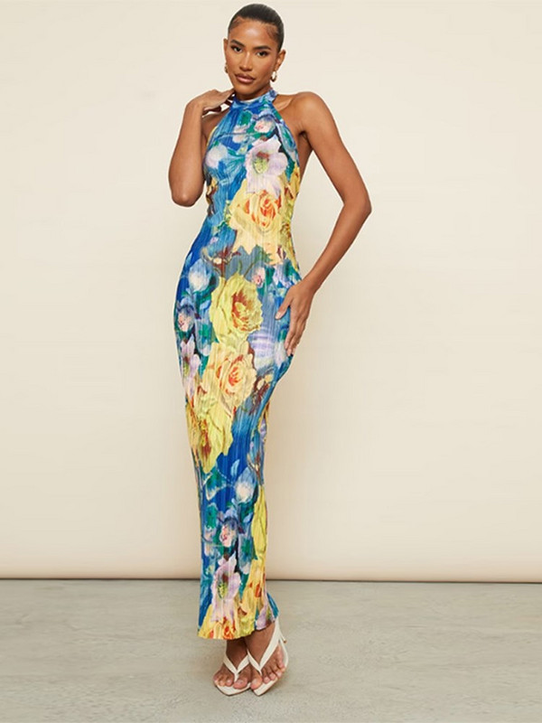 Vintage ziedu apdruka, mežģīņu saliekama, salocīta kleita sievietēm Eleganta bezpiedurkņu bodycon kaklasaites krāsas Vestidos vasaras vakarkleita