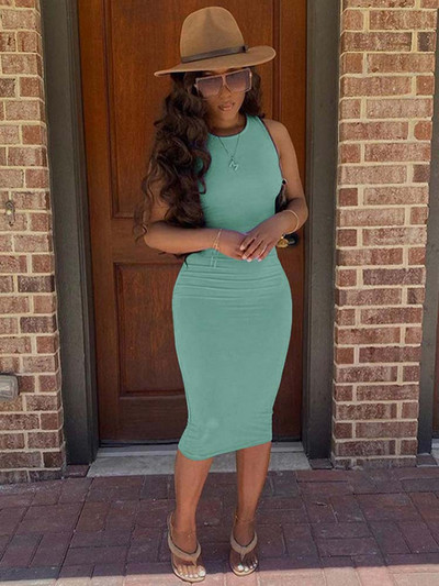 Divatos nyári egyszínű ceruzaruha nőknek Patchwork Design O-nyakú ujjatlan derékközép karcsú csípő hosszú ruha