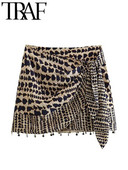 TRAF Summer Vintage Printed Femei Mini Fusta Cu ciucuri Tivul A-Line Fermoar Spate Talie Inalta Femeie Wrap Legata Fusta Laterala 2023