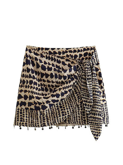 TRAF Summer Vintage Printed Femei Mini Fusta Cu ciucuri Tivul A-Line Fermoar Spate Talie Inalta Femeie Wrap Legata Fusta Laterala 2023