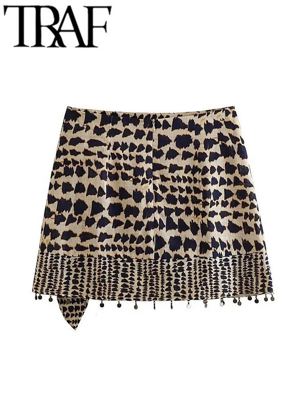 TRAF Summer Vintage Printed Femei Mini Fusta Cu ciucuri Tivul A-Line Fermoar Spate Talie Inalta Femeie Wrap Legata Fusta Laterala 2023