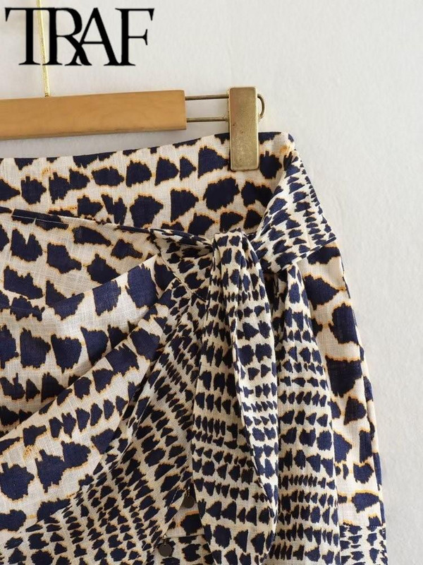 TRAF Summer Vintage Printed Femei Mini Fusta Cu ciucuri Tivul A-Line Fermoar Spate Talie Inalta Femeie Wrap Legata Fusta Laterala 2023