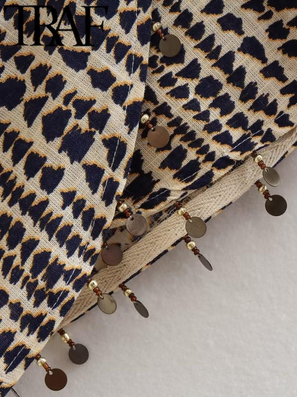 TRAF Summer Vintage Printed Femei Mini Fusta Cu ciucuri Tivul A-Line Fermoar Spate Talie Inalta Femeie Wrap Legata Fusta Laterala 2023